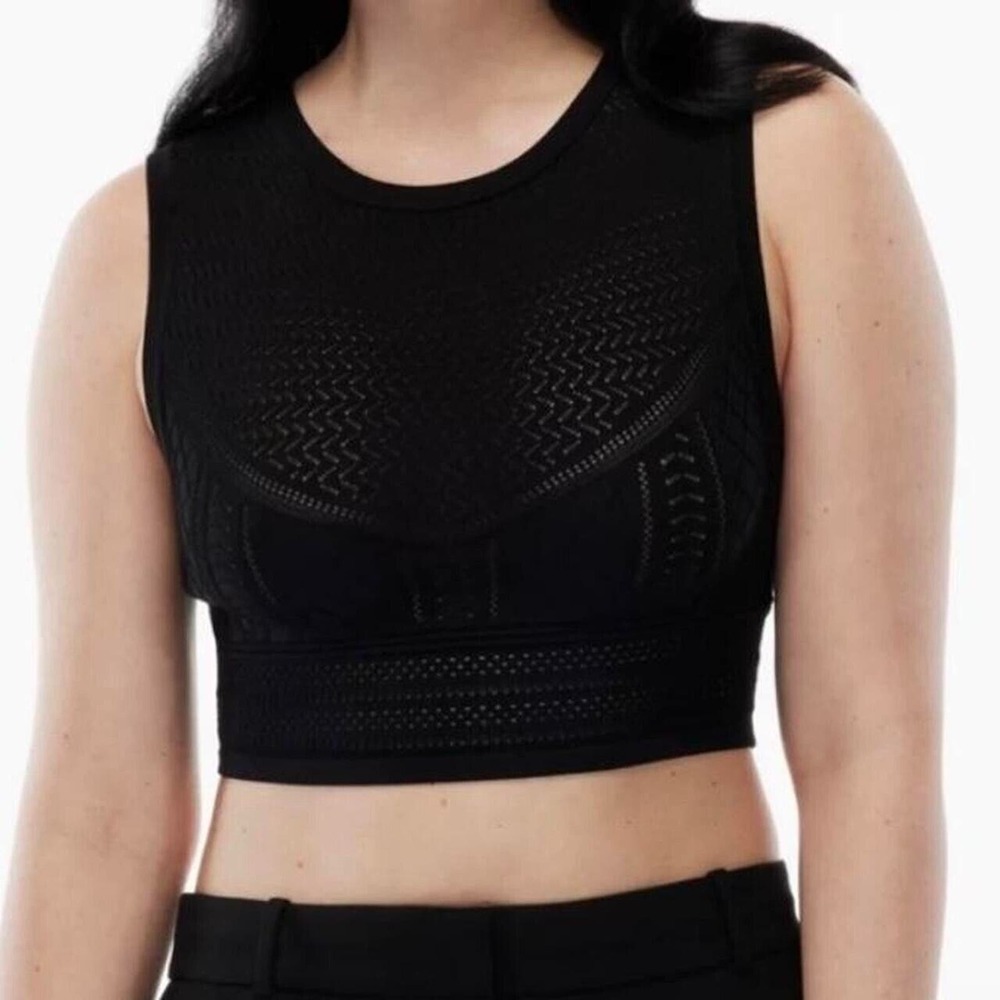 NWOT Aritzia Babaton Black Pointelle Crop Top Vest Sleeveless Stretch Kn…